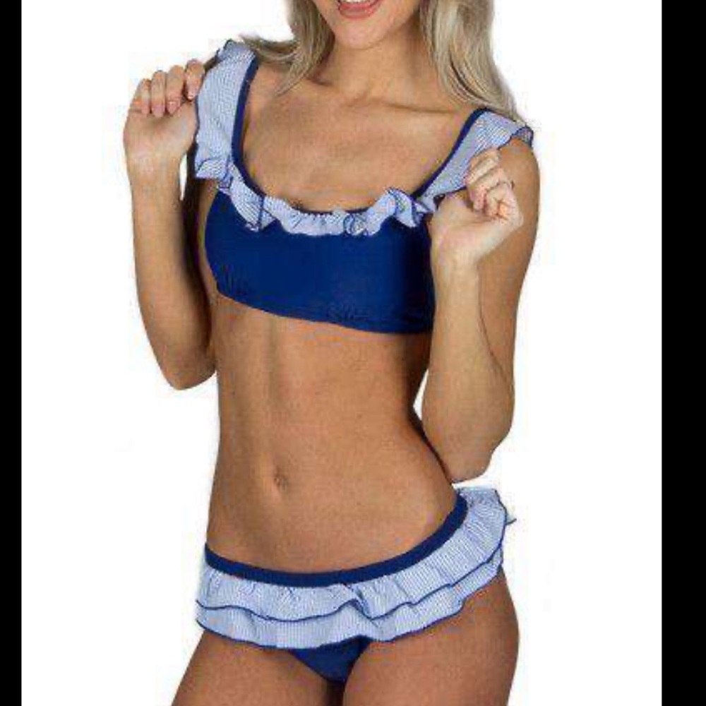 Lauren James Blue Seersucker Ruffle Bikini